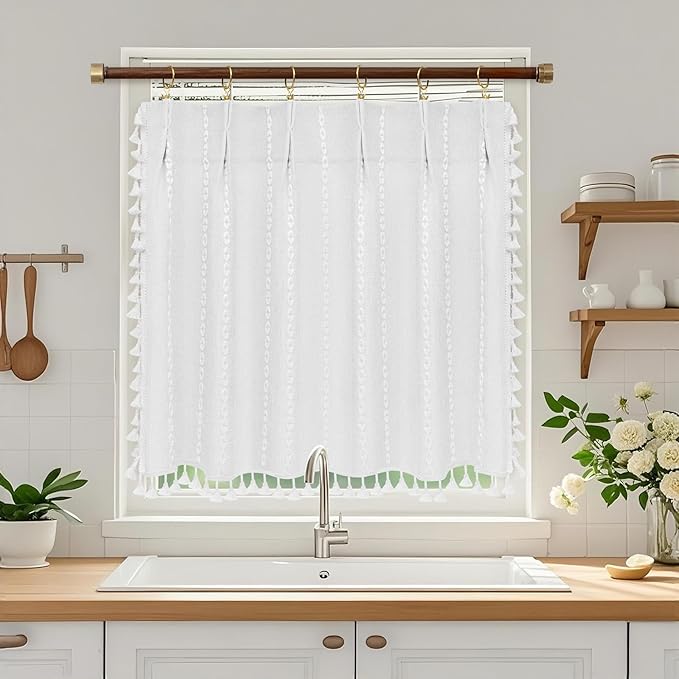 Boho Farmhouse Window Curtain with Tassels, 30 x 24 Inch Light Filtering Sheer Short Cafe Window Curtain Tier, White Linen Textured Pleated Small Window Drape for Kitchen or Bathroom, 1 Panel