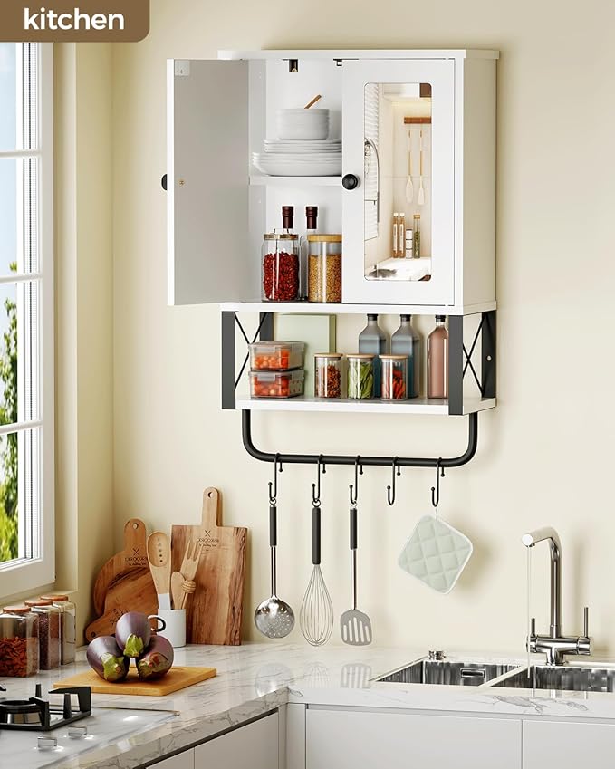 BEWISHOME Medicine Cabinet, Bathroom Wall Cabinet with Mirror, Wall Mounted Over The Toilet Storage Cabinet with Towel Bar and Adjustable Shelf, for Bathroom, 7.1" D x 15.4" W x 24.4" H, White YYG10W