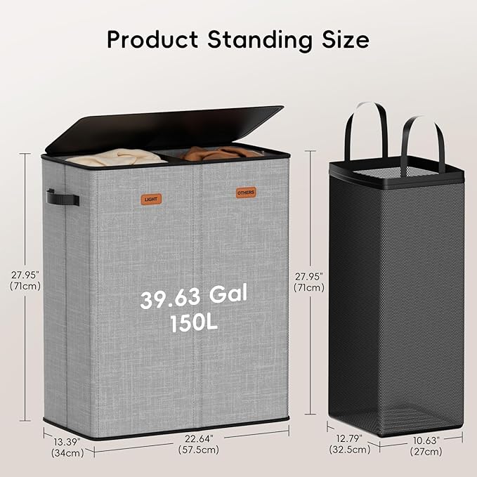 150L Double Laundry Hamper With Lid, Large Clothes Hampers with Removable Bag, Laundry Hamper 2 Section for Bathroom, Bedroom, Laundry Room, Dorm, Grey