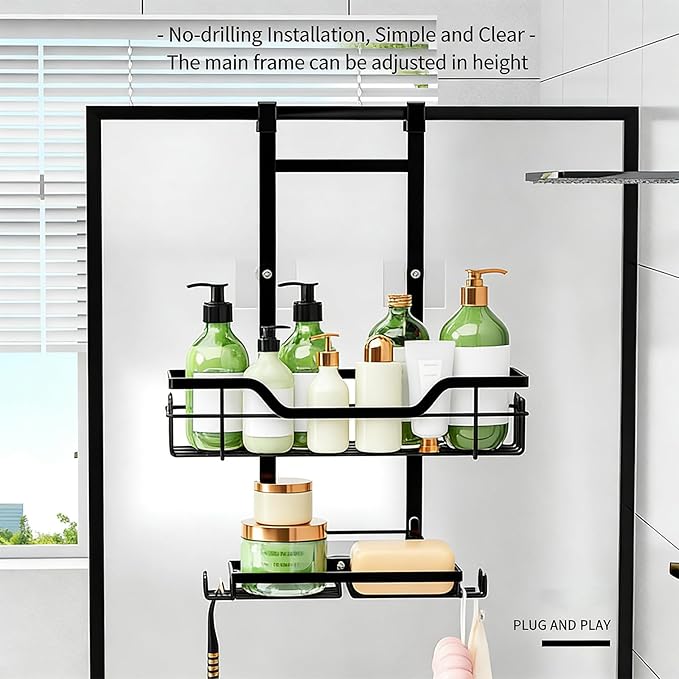 Two Layer Bathroom Storage Shelf Mounted on Door Highlighting 3 Fasteners Integrated Soap Dish Quick Drains Structure Bronzing Cream Door Cart