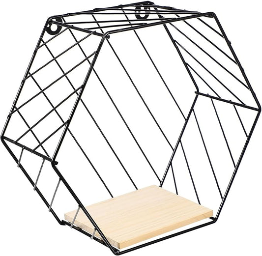 Homoyoyo Multi-Functional Black Hexagon Iron Wall Shelf, Kitchen Wall Rack with Hooks, Space-Saving Storage Shelf for Bathroom and Living Room Organization
