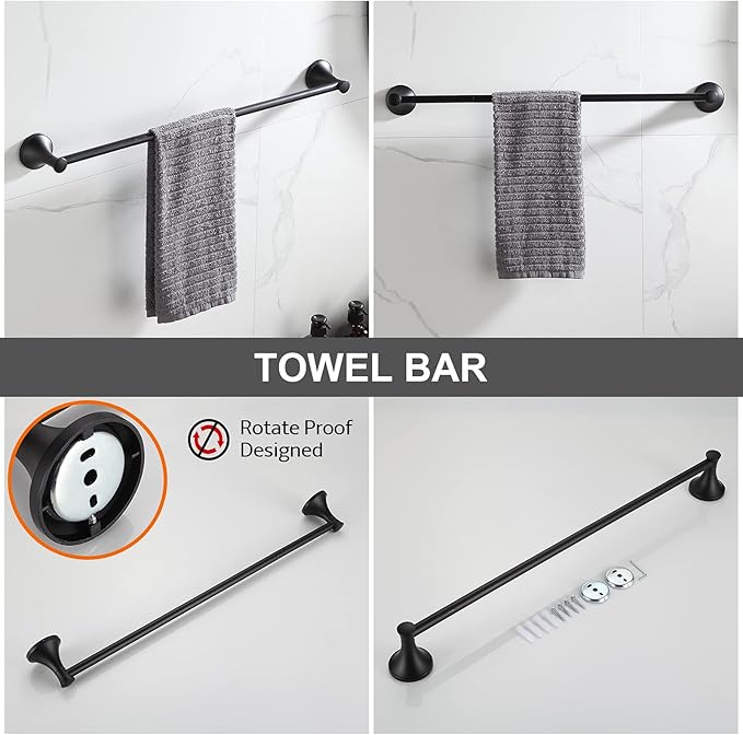 Black Bathroom Hardware Set - 4-Piece Towel Holder Set with 18 or 24 Inch Towel Bar
