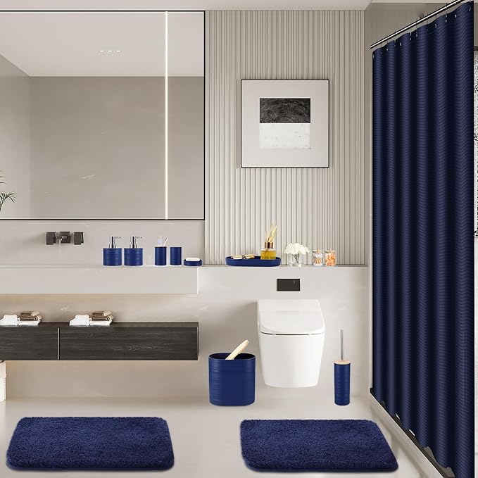 XLHOMO Bathroom Set - Navy Blue Bathroom Accessories Set, Bathroom Sets with Shower Curtain and Rugs, 25PC Shower Curtain Set with Hooks, Soap Dispenser, Soap Dish, Toilet Brush Holder and Trash Can