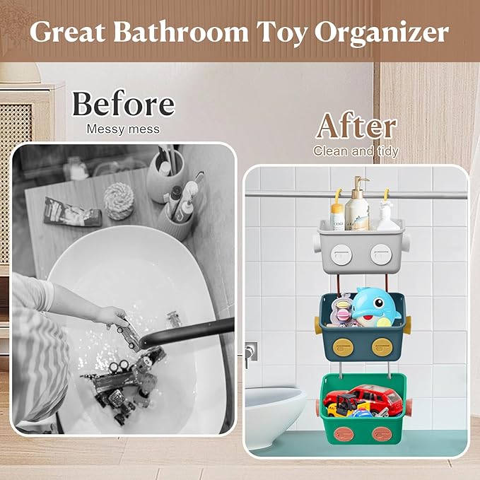 Bath Toy Storage Organizer Basket, 3 Pack Cute Robot Bathtub Shower Toy Organizer, Wall Mounted Hanging Bath Toy Holder with Hooks, for Tub Laundry