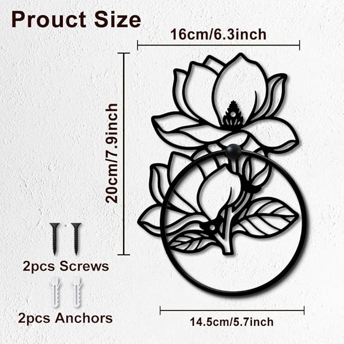 MAYJOYDIY Flower Metal Towel Ring Round Magnolia Denudata Hand Towel Holder Ring Hanger Black Vintage Towels Wall Organizer for Kitchen Bath Home Laundry Room Decors Gifts