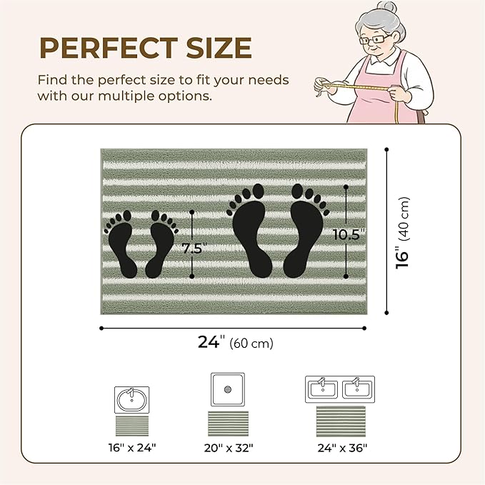 GRANNY SAYS Striped Bathroom Rugs Non Slip, 16" x 24", Bath Rugs for Bathroom Washable, Bath Mats for Floor, Microfiber Bath Mat for Tub, Absorbent Bath Rugs for Shower Room, Sage Green