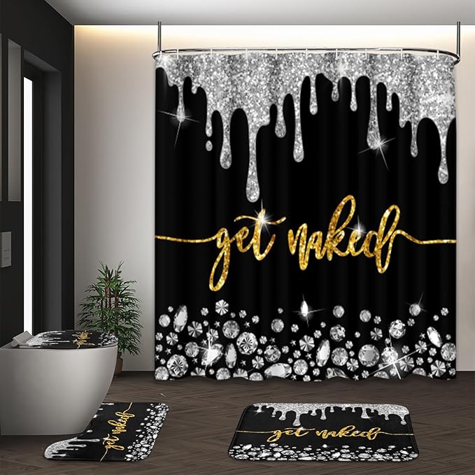 ArtSocket 4PC Gold Get Naked Shower Curtain Sets Diamond Bathroom Decor with Rugs, Non-Slip Rug,Toilet Lid Cover, Bath Mat and 12 Hooks 72x72 inches