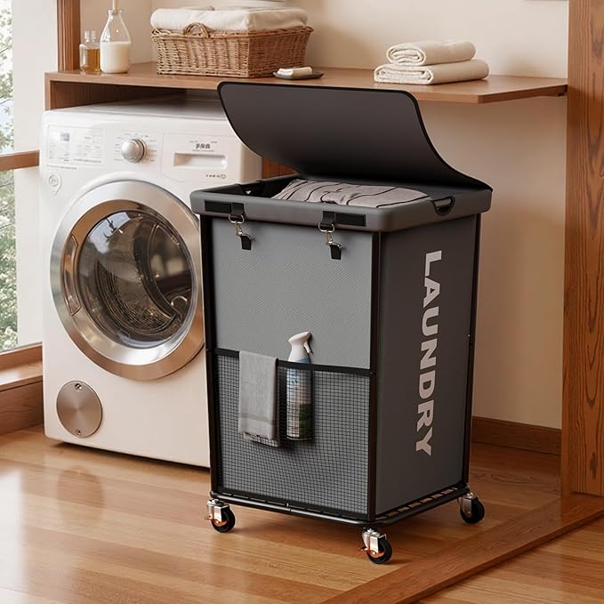 150L Laundry Basket with Wheels, Rolling Laundry Hamper with Cloth Cover, Laundry Cart with Metal Frame & Removable Bag, Large Dirty Clothes Hampers for Bedroom Aesthetic, Laundry Room Bathroom, Grey