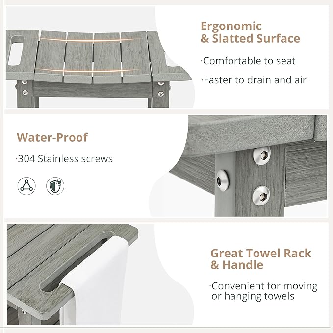 LUE BONA HDPS Shower Benches for Inside Shower, Gray Shower Stool for Shaving Legs with Shelf, Waterproof Shower Chair Seat for Spa Bathroom, Weather Resistant/Non-Slip/Handles/Indoor or Outdoor Use