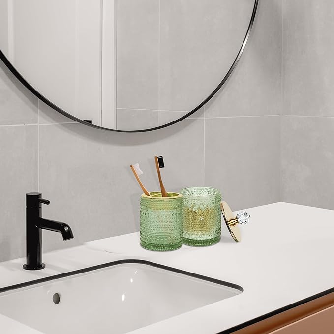 FEILANDUO Bathroom Accessories Set,4Pcs Glass Bathroom Accessories,Vanity Bathroom Decor, Soap Dispenser, Toothbrush Holder Set, Apothecary Jar, Gift for Home Apartment (Green A)