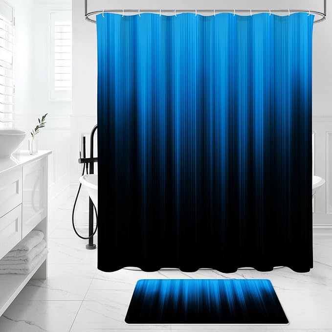 Litabel 4 Pcs Blue and Black Gradient Shower Curtain Set with Rugs and Toilet Lid Cover, Modern Simple Waterproof Fabric Bathroom Set, Ombre Stripe Gothic Abstract Bathroom Decor Set Accessories