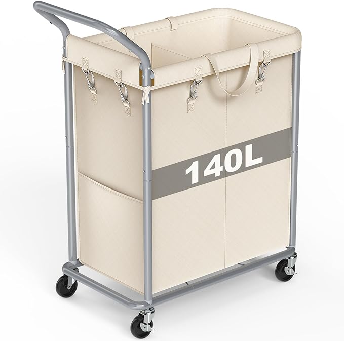 Laundry Hamper 2 Section, Rolling Laundry Basket with Wheels, Laundry Cart with Removable Liner, 37 Gallons (140L) Clothes Hamper, Blanket Dirty Clothes Basket Steel Frame with Handle(Beige)
