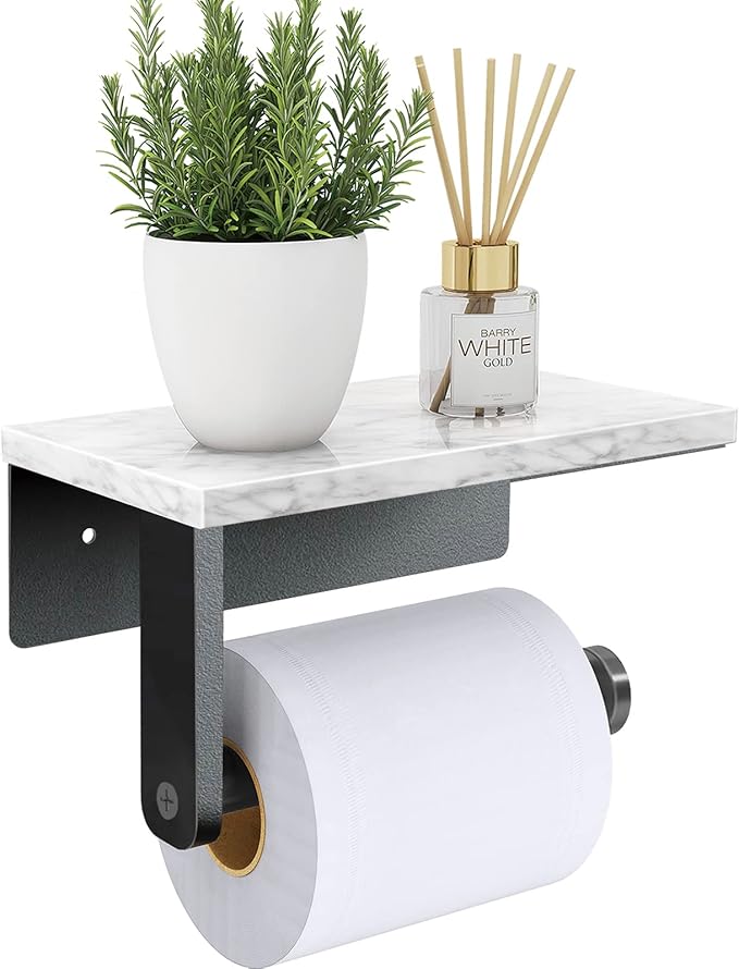 Gypie Marble Toilet Paper Holder with Shelf, 304 Stainless Steel Screw Wall Mounted, Tissue Roll Holder for Bathroom Washroom Matte Black