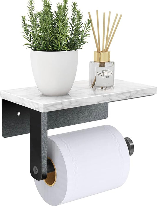 Gypie Marble Toilet Paper Holder with Shelf, 304 Stainless Steel Screw Wall Mounted, Tissue Roll Holder for Bathroom Washroom Matte Black