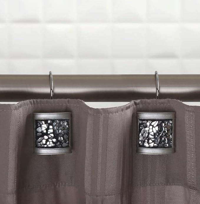 Creative Scents Crackled Glass Silver Shower Curtain Hooks Decorative - Set of 12 Shower Curtain Rings for Bathroom Shower Rod - Elegant Crackled Glass Shower Curtain Hooks