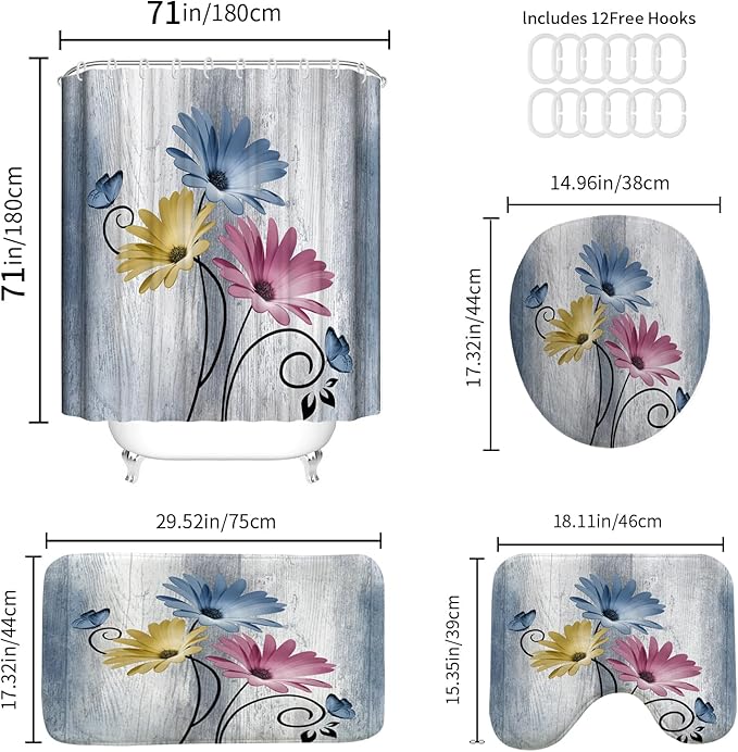 Onalasyc 4PCS Country Hot Pink Daisy Flower Farmhouse Shower Curtain Set with Shower Curtain and Carpet and Accessories, Waterproof Bathroom Shower Curtain Decorative Set with 12 pcs Hooks,71 x 71in
