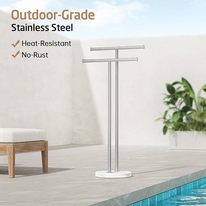 KES Standing Towel Rack for Bathroom Floor with 10.5 Lbs Natural Marble Base, 2-Tier Free Standing Towel Rack Double T-Shape, 18/8 Stainless Steel, Brushed Finish, BTH237A-2
