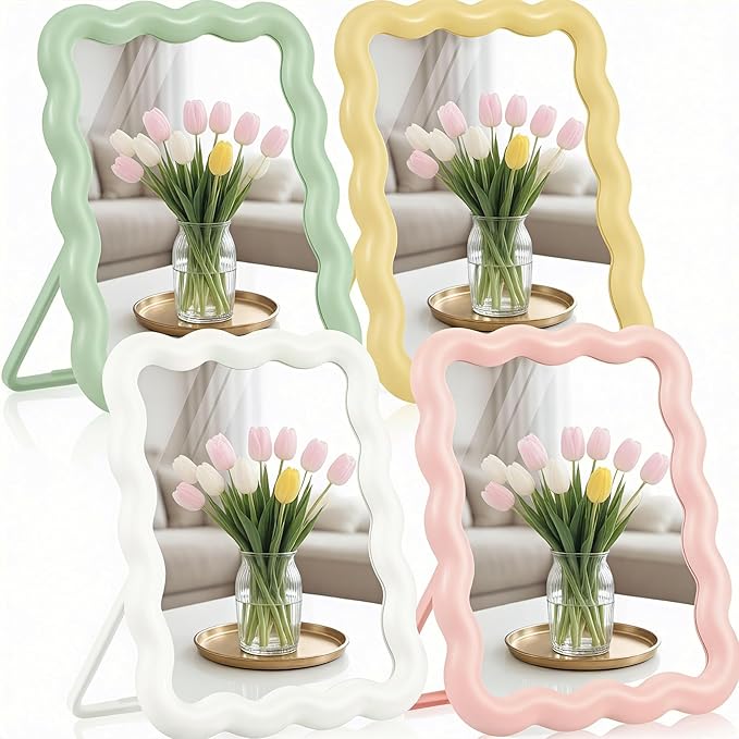 4 Pack Table Vanity Makeup Mirror, Wave Shaped Desk Mirror with Stand, Small Portable Folding Mirrors, Tabletop Adjustable Travel Mirrors, Hanging Bathroom for Shaving, 4 Colors, 6.7" × 5.2"