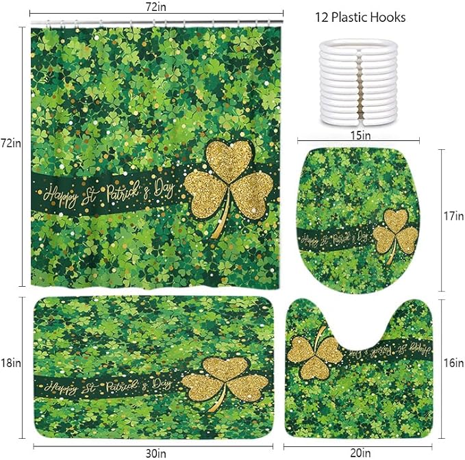 Ansouyi 4Pcs Bathroom Shower Curtain Sets with Non-Slip Rugs, Toilet Lid Cover and Bath Mat, St Patricks Day Shamrock Durable Waterproof Shower Curtain for Bathroom Set, 72x72 Inch