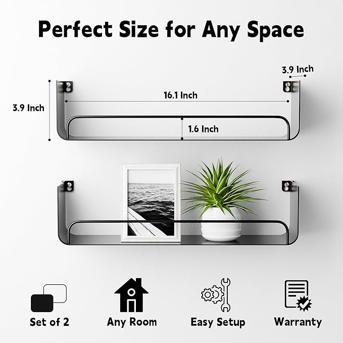 Black Metal Shelf, Modern Floating Bathroom Shelf With Guardrail, Upgrade U-Shaped Wall Mounted Metal Shelves for Kitchen, Living Room, Bedroom, Set 0f 2 Shelves for Home Storage and Organizer