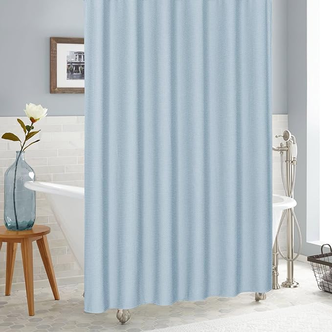 MitoVilla Blue Waffle Small Stall Shower Curtain 36 x 72, Half Size Fabric Narrow Shower Curtains for Bathroom Decor, 36 inch Weighted Shower Curtain Set with Plastic Hooks, Fog Blue