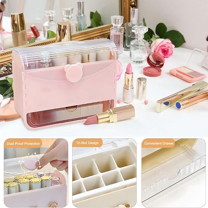 Lipstick Organizer Storage Box with 12 Slots and Drawer, Dust-proof Vanity Case for Lip Gloss, Chapstick, and Cosmetics - Desktop Makeup Container (Yellow)