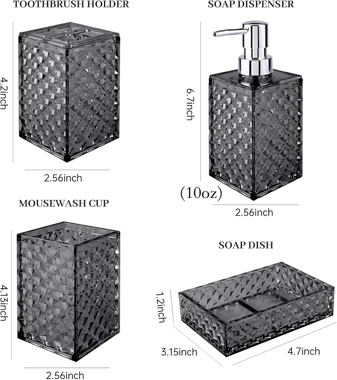 Bathroom Accessory Set, Grid Pattern 4 Pcs Plastic Bathroom Set Include Soap Dispenser, Soap Dish, Toothbrush Holder, Mousewash Cup, Modern Bahtroom D??cor Set, Space Save for Bathroom((Grey)