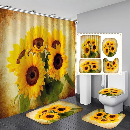 AZHM Sunflower Shower Curtain Sets with Rugs 4 Piece Flower Floral Decor for Bathroom Toilet Bathroom Mat, Curtain and 12 Hooks