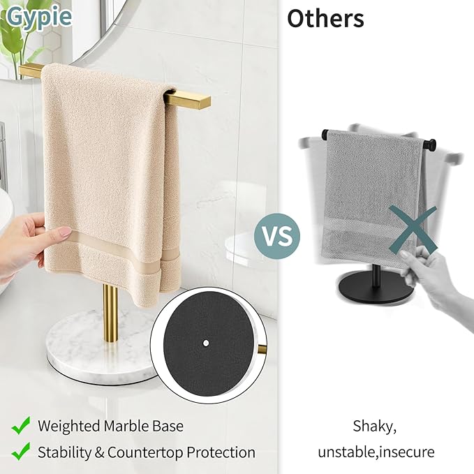Gypie Gold Hand Towel Holder Stand T-Shape, Countertop Towel Rack for Bathroom Kitchen, Towel Holder Marble Base