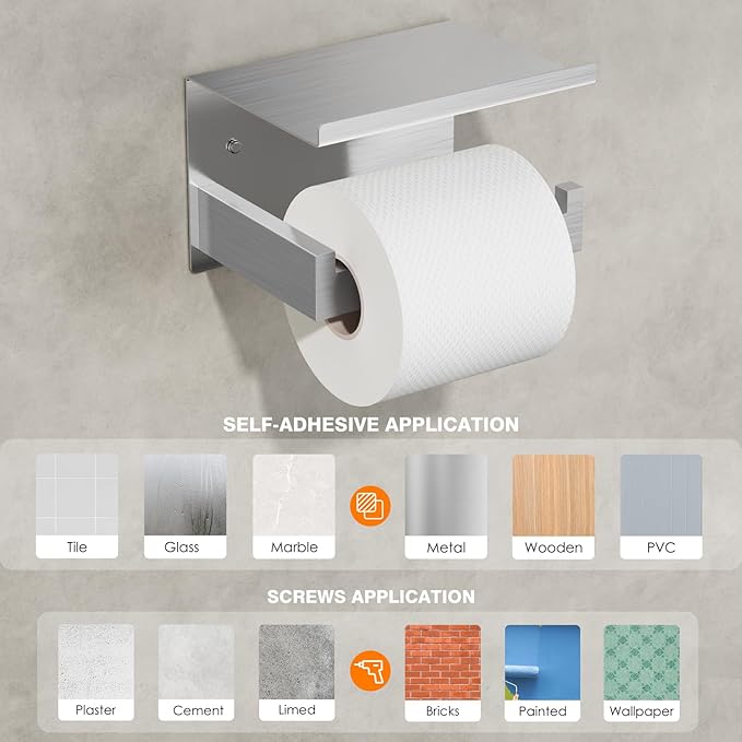 Auxmir No Drilling Self Adhesive Toilet Paper Holder, Premium Rustproof SUS304 Stainless Steel Roll Holder Wall Mount Tissue Holder for Bathroom Kitchen Washroom, Toilet Paper Holder with Shelf-Silver