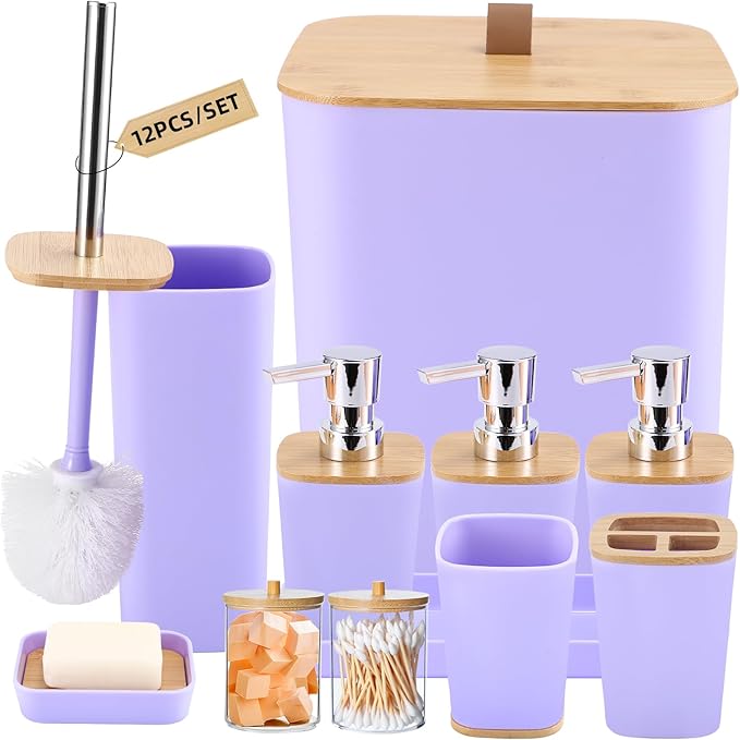 XLHOMO Purple Bathroom Accessories, Bathroom Accessories Set with Trash Can, Soap Dispenser, Toothbrush Holder, Toothbrush Cup, Soap Dish, Toilet Brush, Tray and Q-tip Holders for Housewarming