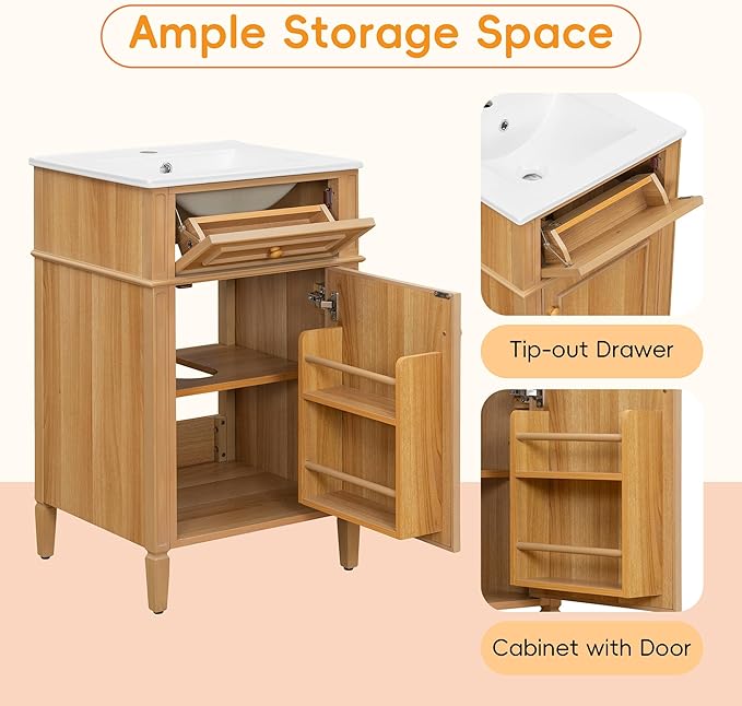 Virubi 20 in Small Bathroom Vanity with Sink,Soft Closing Door,Tilt-Out Drawer and Adjustable Shelf,Solid Wood Frame Modern Single Bathroom Sink Cabinet,Freestanding Natural Wood