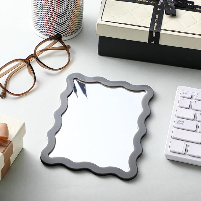 Leinuosen 1 Pcs Scalloped Magnetic Locker Mirror Small Real Glass Makeup Mirror with Magnetic Backing Cute Locker Decorations for Office Cabinet Lockers Accessories (5 x 7 Inch,Gray)