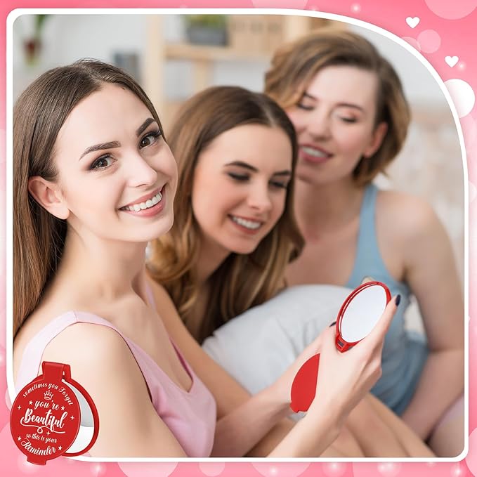 18 Pcs 2.76 Inch Inspirational Compact Mirror Bulk Women Small Gifts Graduation Party Favors Purse Mirror Pocket Mini Stuffer Items for Adult Coworker Cheerleader Employee (Red)