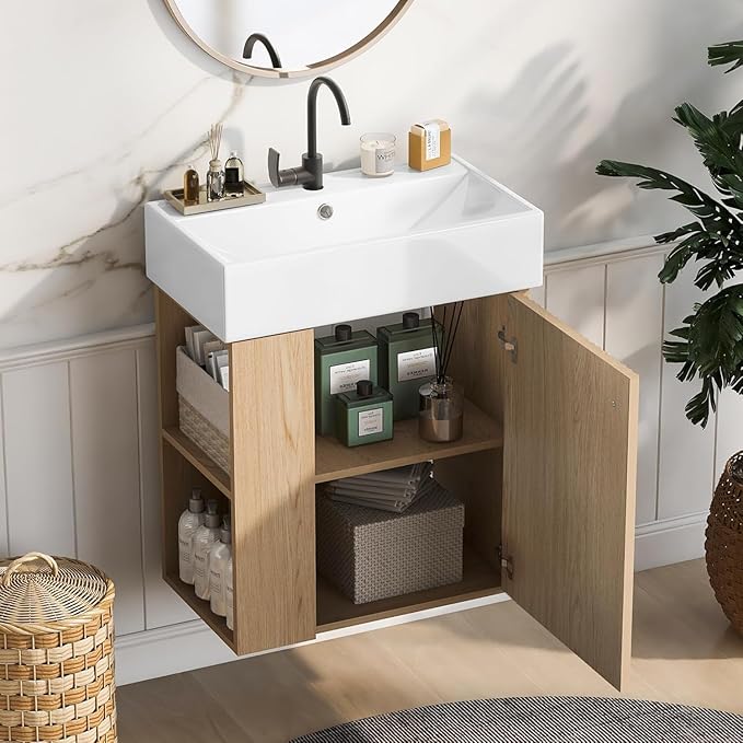 Virubi 21.6 in Floating Bathroom Vanity with Sink,Soft Closing Doors,Solid Wood Frame & MDF Modern Single Small Natural Wood Bathroom Vanity Cabinet with Open Shelf,Wall Mounted