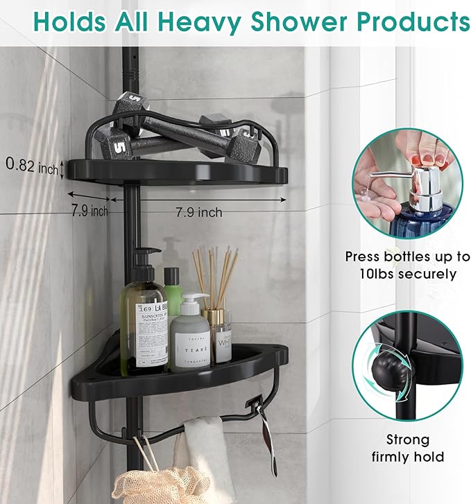 Lilyvane Corner Shower Caddy: Rustproof 125" Tension Inside Shower Organizer, Adjustable Bathroom Organizer Shelves for Bathtub Shampoo Conditioner Storage, Floor to Ceiling Standing Caddy