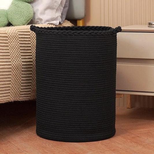 58L Woven Laundry Basket,Cotton Tall Laundry Hamper for Blankets,Clothes,Pillows,Toys,Shoes Large Laundry Bin Black