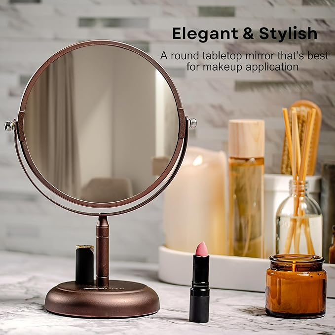 OVENTE 7'' Tabletop Makeup Mirror with 1X/5X Magnification, 360° Swivel Design and Double-Sided Free-Standing Vanity Mirror Perfect for Dresser, Bedroom and Office Desk, Antique Bronze MNLDT70ABZ1X5X