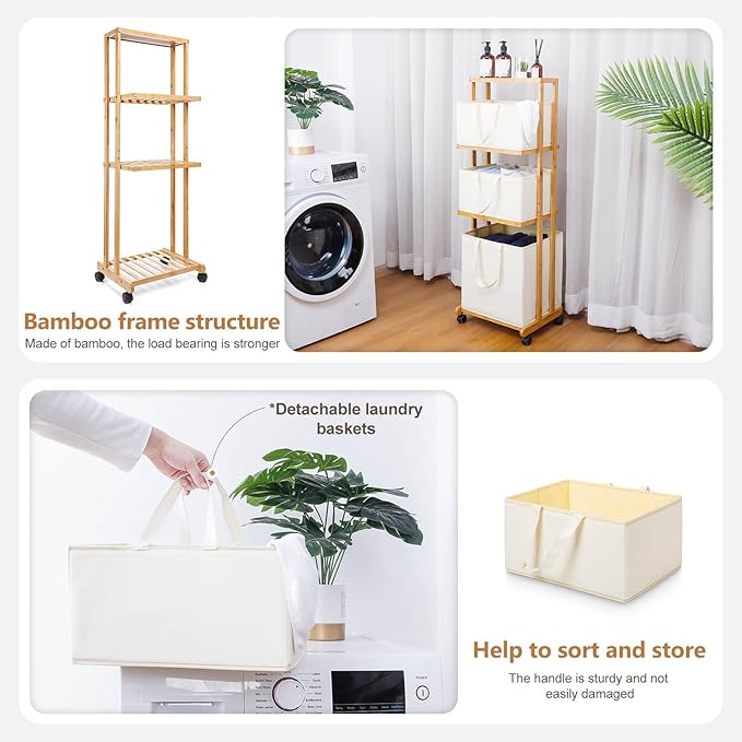 Homde Laundry Basket 3 Tier Bamboo Storage Shelf with Wheels Removable Container with Handle Freestanding Clothes Hamper Organizer for Bathroom Living Room Bedroom (Natural)