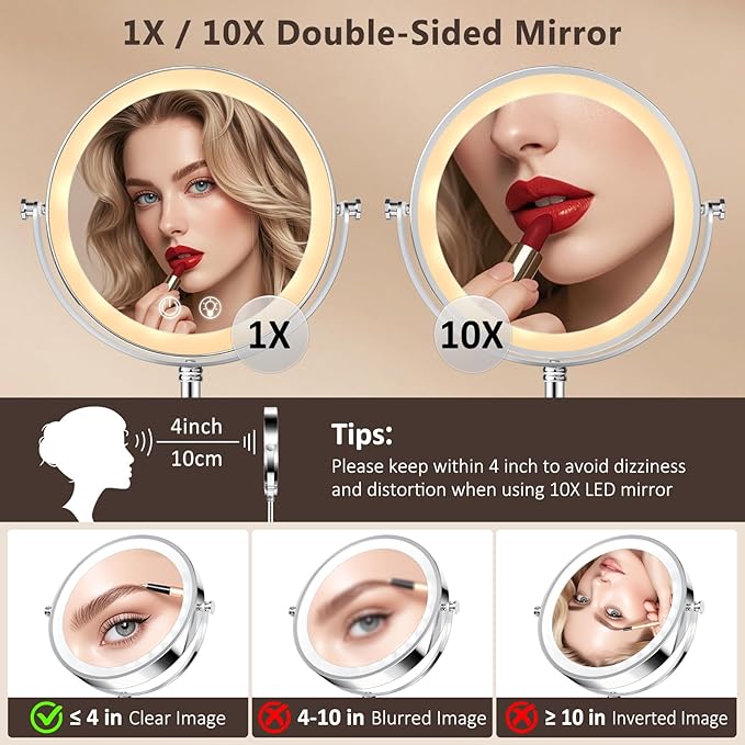 Lighted Makeup Mirror,4000mAh Rechargeable Double Sided Magnifying Mirror 1x/10x with 3 Colors Stepless Dimming, 360° Rotation Vanity Mirror with Lights, Memory Function,Women Gift