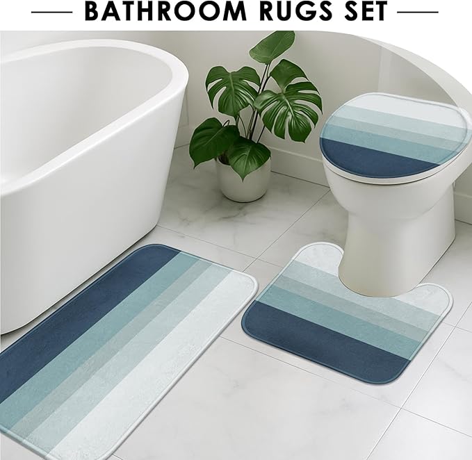 Striped Blue Shower Curtain Set with Toilet Lid Cover and Non-Slip Rugs for Bathroom, Minimalist Neutral Ombre 4 Pcs Shower Curtain, Modern Bathroom Set with 12 Hooks