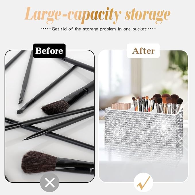Bling Makeup Brush Holder Organizer, 3 Slot Sparkle Cosmetics Brushes Storage Holders with Shiny Rhinestones, Glitter Cute Pen and Pencil Holder for Desk, Eyeliners Display Case for Vanity???White???