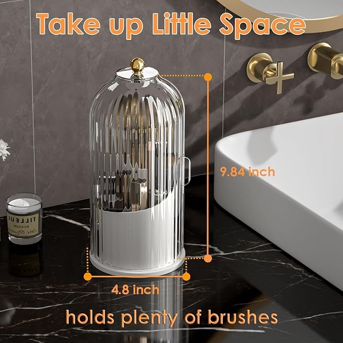 Makeup Brush Holder with Lid 360 Rotating Clear Dustproof Make Up Organizers for Vanity Bathroom Countertop, Transparent | with Lid, 360 Rotating, Dustproof