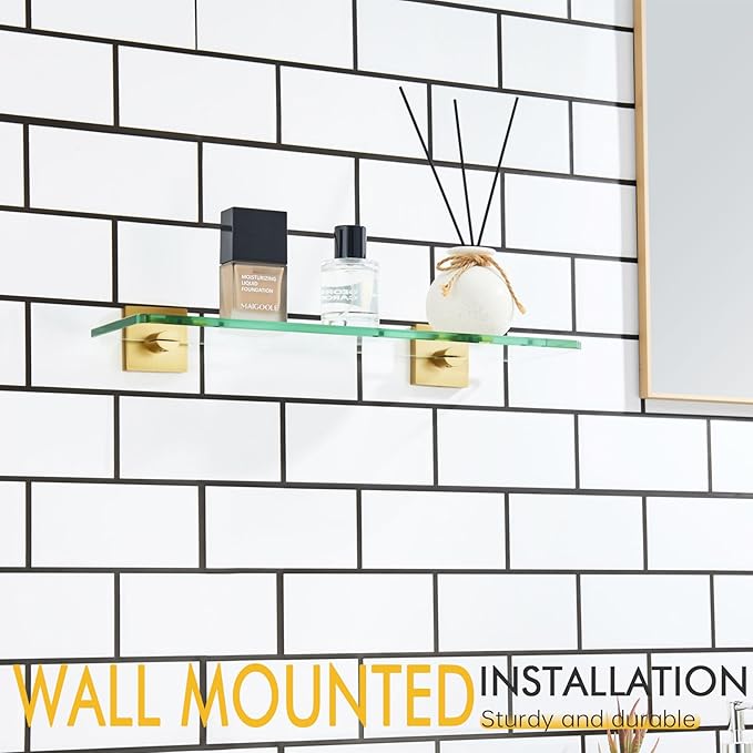 KOKOSIRI Floating Wall Shelf 16-Inch Bathroom Tempered Glass Shelves Shower Hanging Rack for Kitchen Storage Home Decor, Gold Stainless Steel B1107BG-L16
