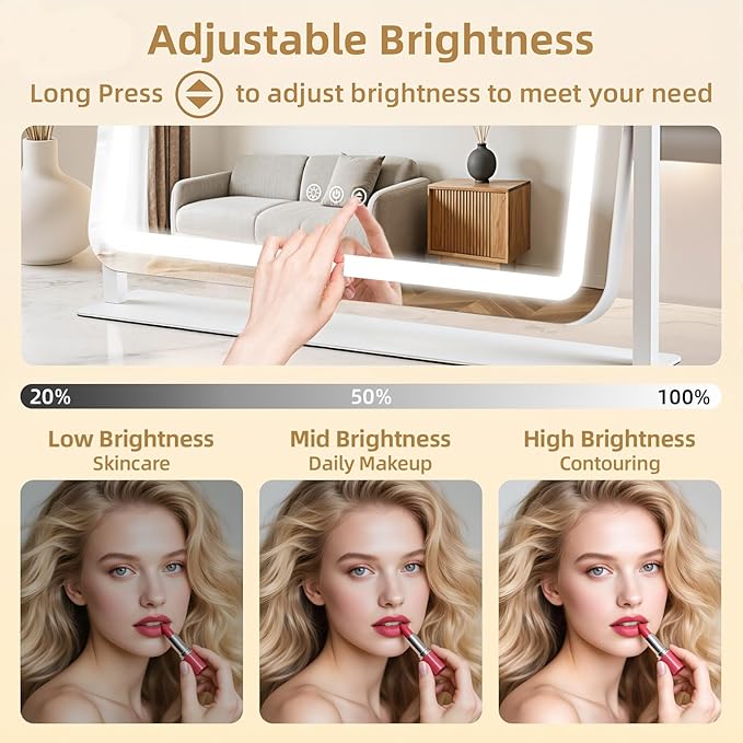 Vanity Mirror with Lights, Lighted Makeup Mirror with 10X Magnification, 3 Color Dimmble Lights, Touch Control, 360° Rotation, Metal Frame, Women's Gift, for Bedroom/Dressing Room, White