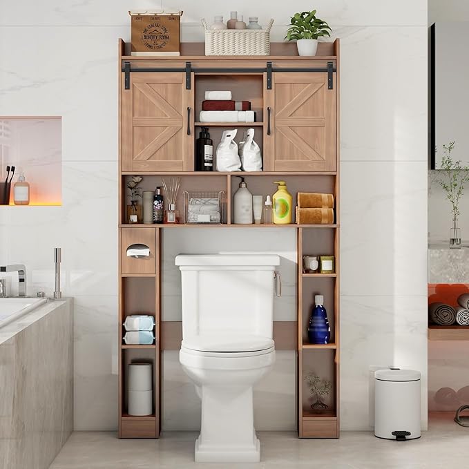 Vabches Farmhouse Storage Cabinet Over Toilet with Sliding Doors, Home Space-Saving Toilet Rack, Over The Toilet Storage Cabinet, Open Storage Shelf, for Bathroom, Laundry, Restroom.Walnut