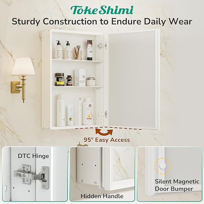 TokeShimi 14 x 24 White Recessed Medicine Cabinet with Mirror, Assembly Required, Bathroom Medicine Cabinet with Mirror, Stepless Adjustable Shelves, Beveled Aluminum Frame, DTC Hinge