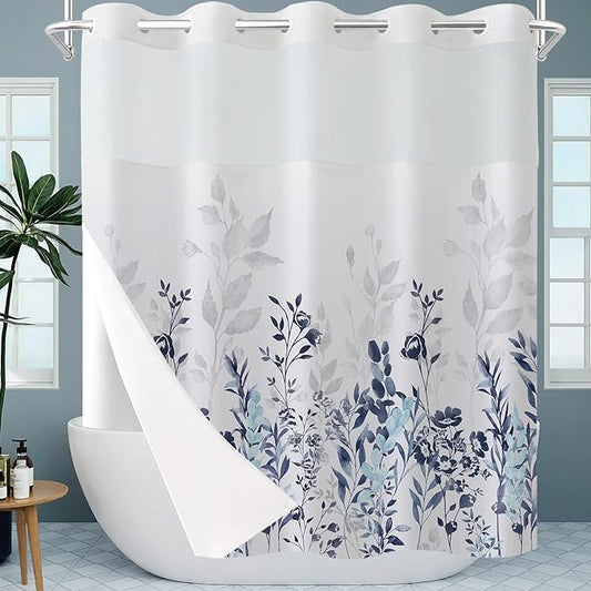 Neasow No Hook Shower Curtain with Snap in Liner, Plant and Flower Curtains with Waterproof Inner Liner for Bathroom, Blue and Grey 72×74 inches