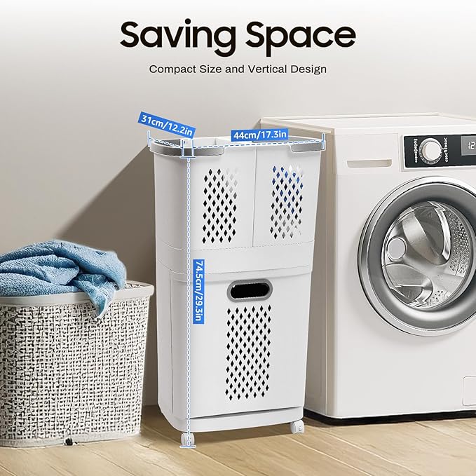 2-Tier Rolling Laundry Hamper Sorter, Removable Clothes Hamper Organizer with Wheels, Space-Saving Modern Portable Storage Cart with Detachable 3 Baskets for Bedroom Laundry Room Bathroom, White