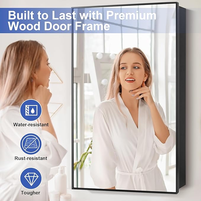 Medicine Cabinet Mirror, 20x30 Inch Rectangle Wall Mounted Bathroom Vanity Mirror with Storage & Adjustable Tempered Glass Shelves Medicine Cabinet for Bathroom, Black